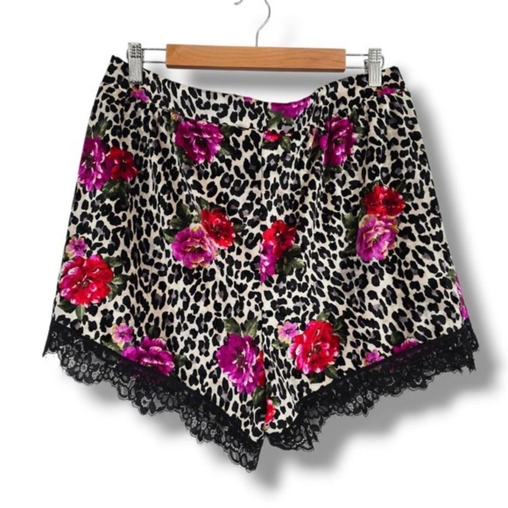 Sofia Intimates Velvet Leopard Floral Lace Trim Pajama Shorts XL Black Pink